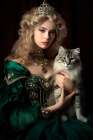 18th century queen holding Maine coon cat. AI Generated. Art Print